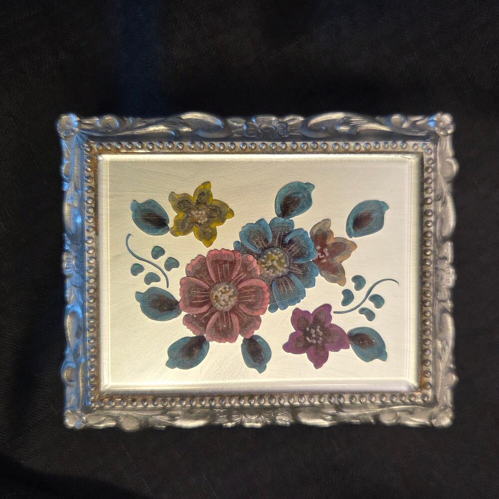 Vintage Japan Mele Music/Trinket Box Silver Carved Ornate Floral Works